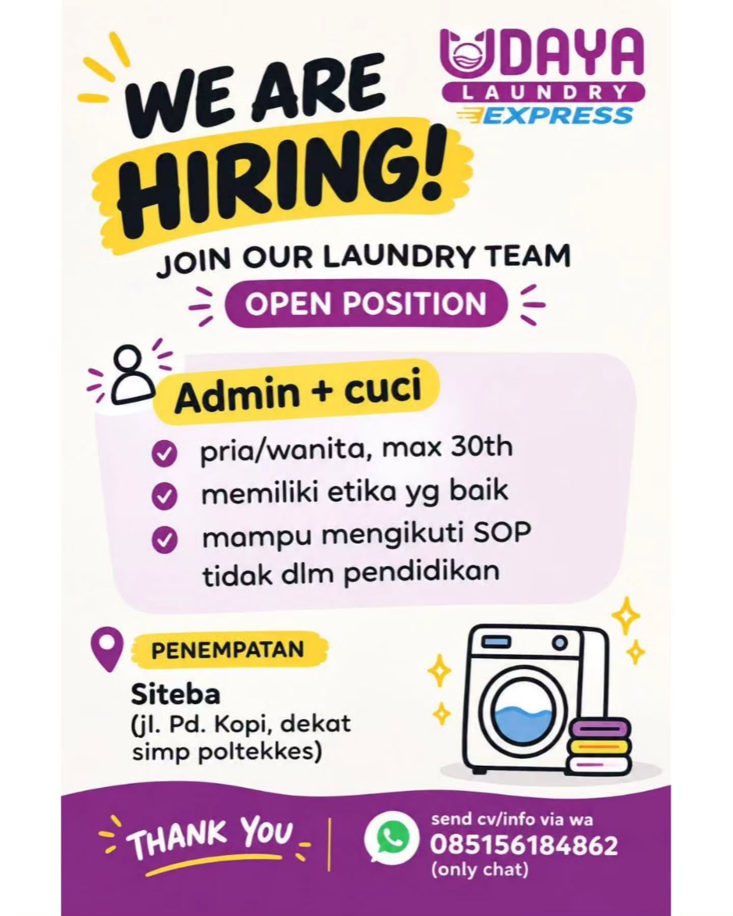 Brosur Lowongan Admin + Cuci - Daya Laundry Express