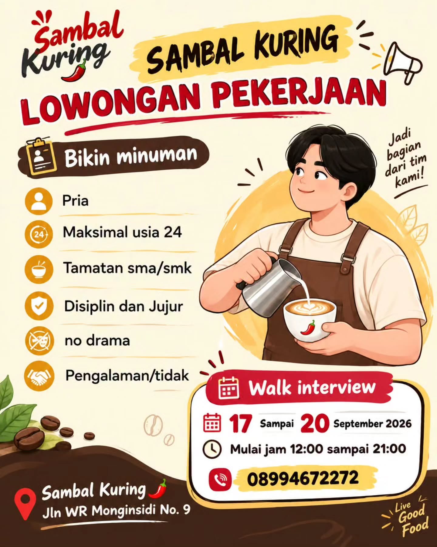 Brosur Lowongan Bikin Minuman (Barista) - Sambal Kuring