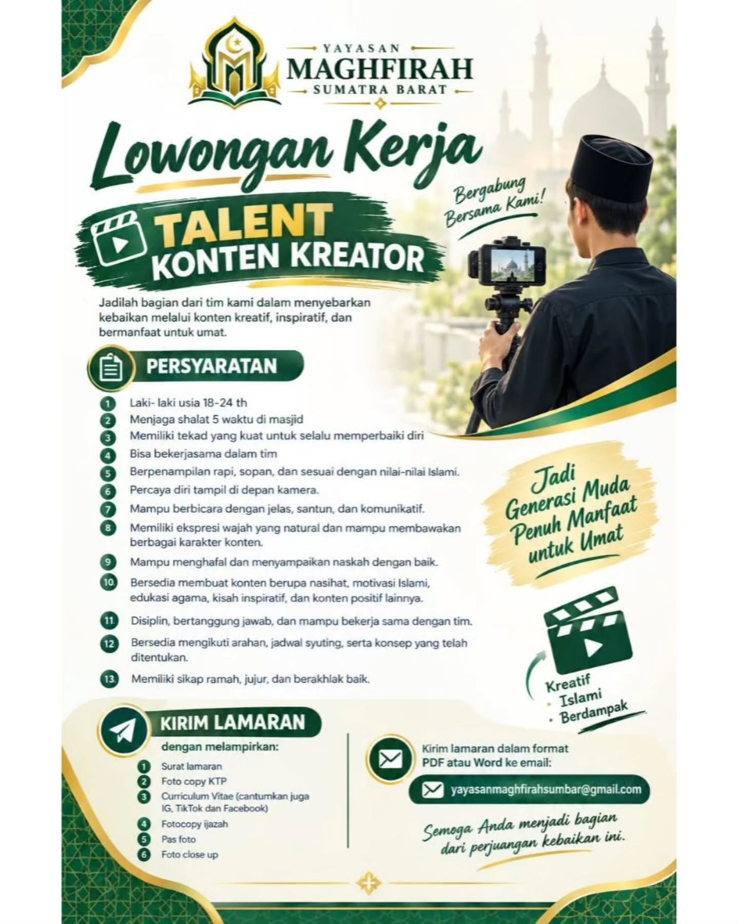 Brosur Lowongan Talent Konten Kreator - Yayasan Maghfirah Sumatra Barat