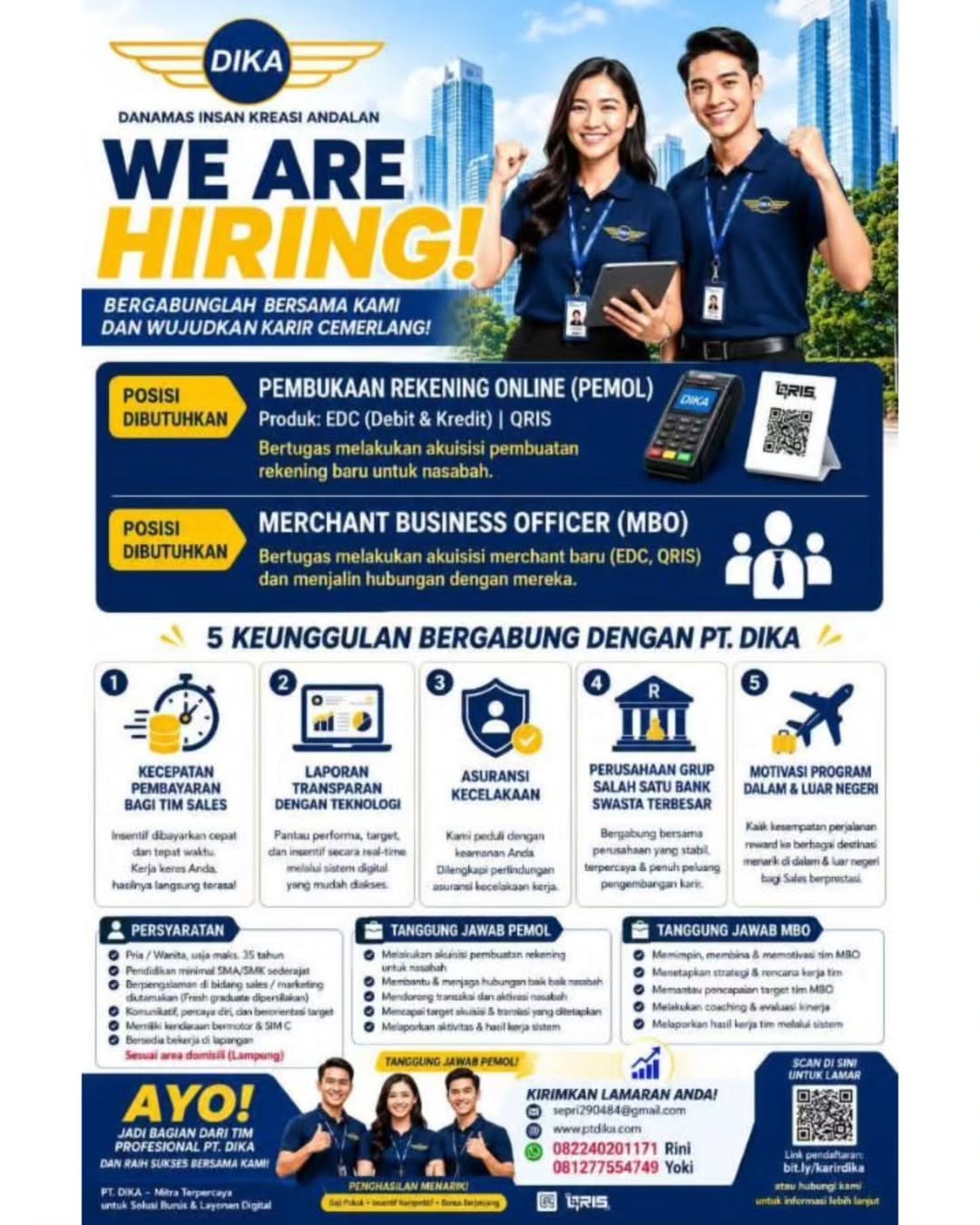 Brosur Lowongan Pembukaan Rekening Online (PEMOL) & Merchant Business Officer (MBO) - PT. Danamas Insan Kreasi Andalan (DIKA)