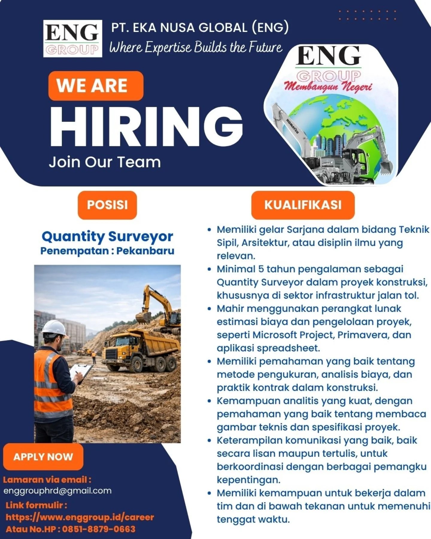 Brosur Lowongan Quantity Surveyor - PT. Eka Nusa Global (ENG)
