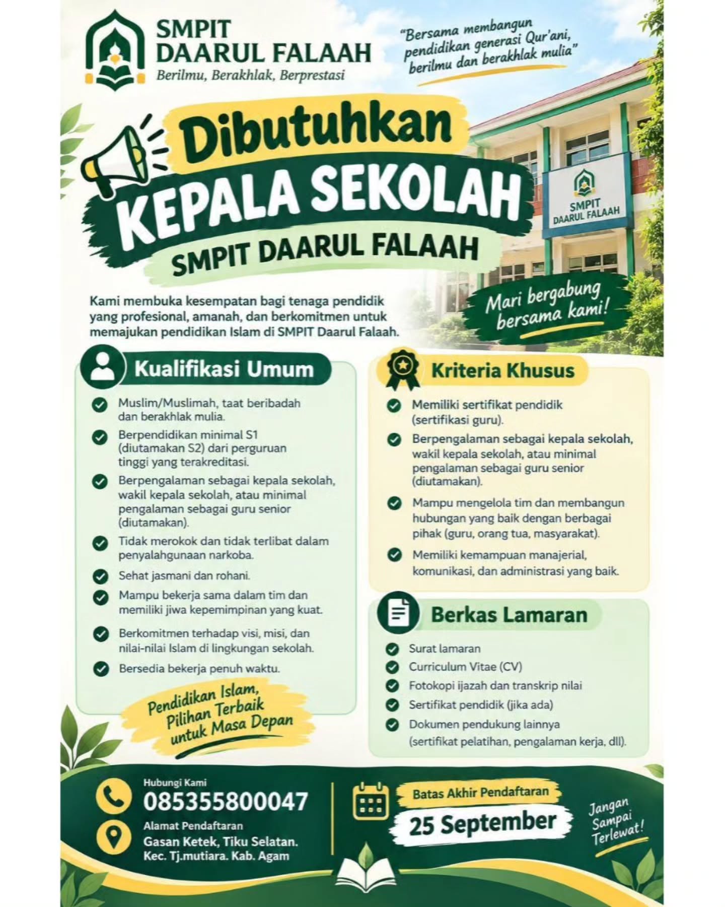 Brosur Lowongan Kepala Sekolah - SMPIT DAARUL FALAAH